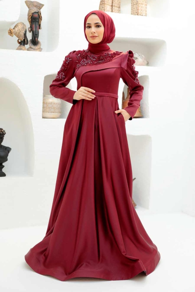 Tesettürlü Abiye Elbise - Robe de Soirée Hijab Rouge Bordeaux 22351BR - 3