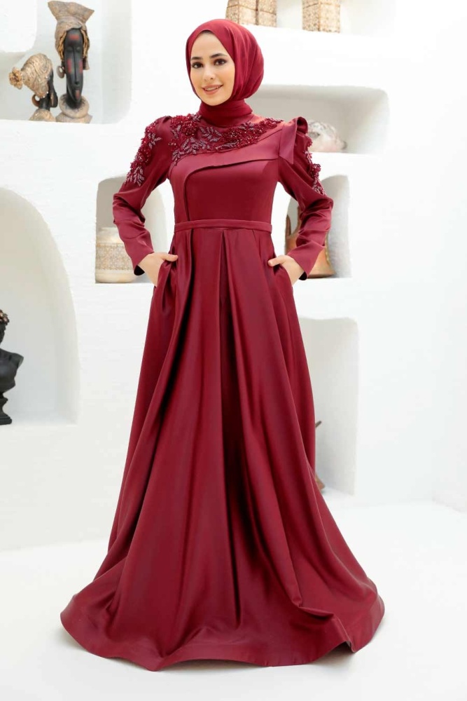Tesettürlü Abiye Elbise - Robe de Soirée Hijab Rouge Bordeaux 22351BR - 2