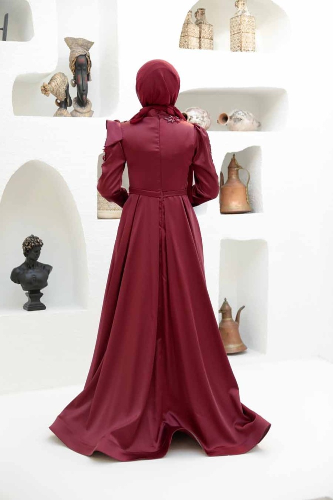 Tesettürlü Abiye Elbise - Robe de Soirée Hijab Rouge Bordeaux 22351BR - 4