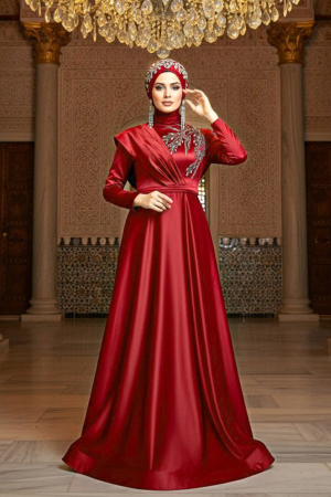 Tesettürlü Abiye Elbise - Robe de Soirée Hijab Rouge Bordeaux 22441BR - 1