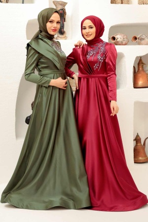 Tesettürlü Abiye Elbise - Robe de Soirée Hijab Rouge Bordeaux 22441BR - 4