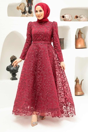 Tesettürlü Abiye Elbise - Robe de Soirée Hijab Rouge Bordeaux 22510BR - 1