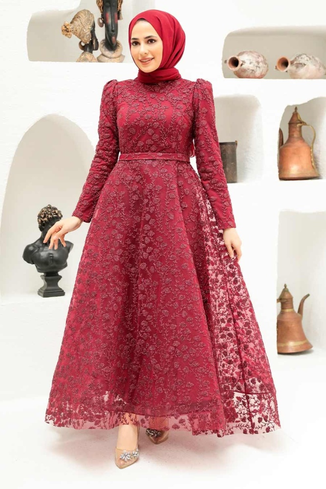Tesettürlü Abiye Elbise - Robe de Soirée Hijab Rouge Bordeaux 22510BR - 1
