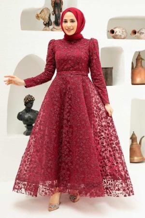 Tesettürlü Abiye Elbise - Robe de Soirée Hijab Rouge Bordeaux 22510BR - 2