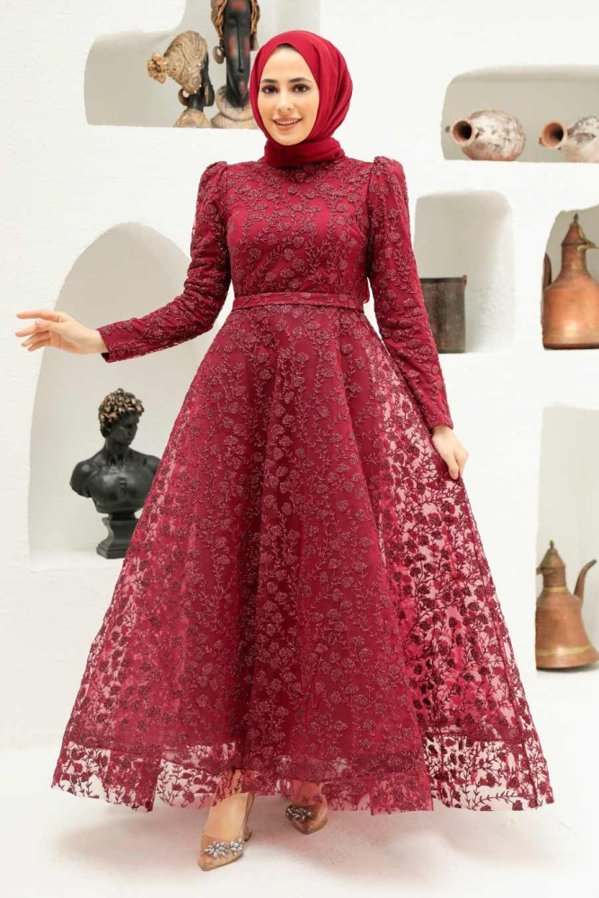 Tesettürlü Abiye Elbise - Robe de Soirée Hijab Rouge Bordeaux 22510BR - 2