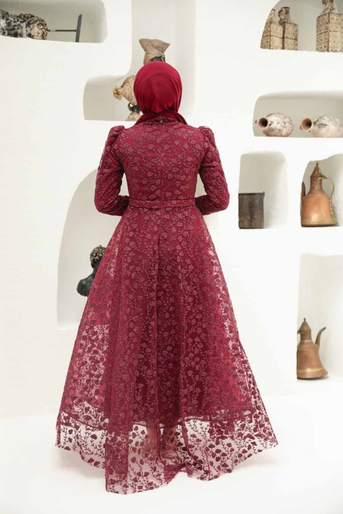 Tesettürlü Abiye Elbise - Robe de Soirée Hijab Rouge Bordeaux 22510BR - 3