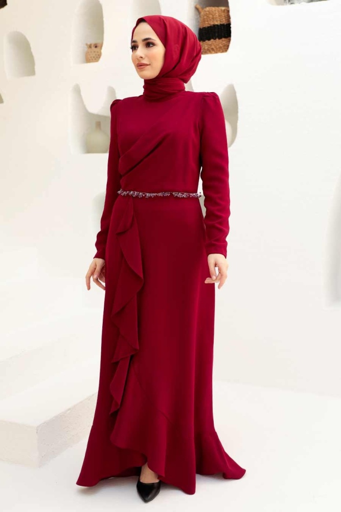 Tesettürlü Abiye Elbise - Robe de Soirée Hijab Rouge Bordeaux 3225BR - 2