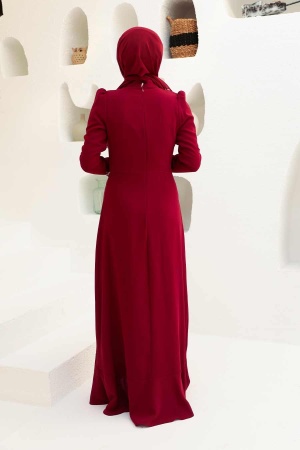 Tesettürlü Abiye Elbise - Robe de Soirée Hijab Rouge Bordeaux 3225BR - 3
