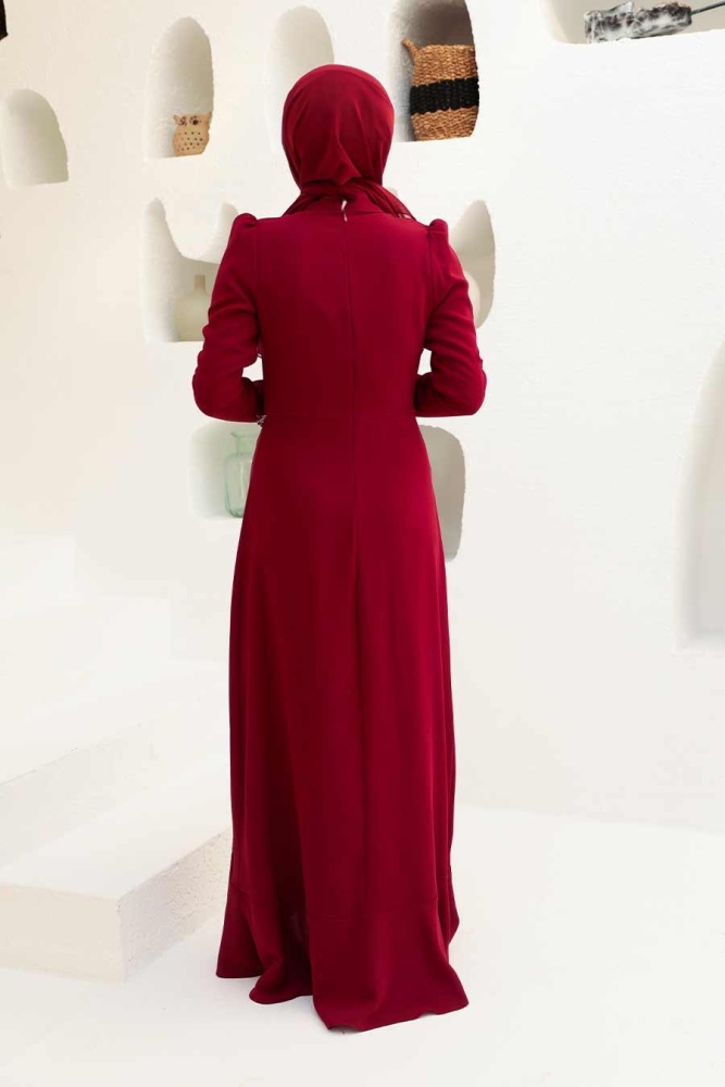 Tesettürlü Abiye Elbise - Robe de Soirée Hijab Rouge Bordeaux 3225BR - 3