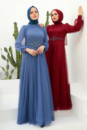 Tesettürlü Abiye Elbise - Robe de soirée Hijab rouge bordeaux 32370BR - 2