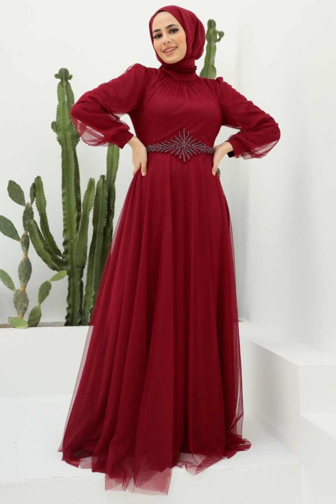Tesettürlü Abiye Elbise - Robe de soirée Hijab rouge bordeaux 32370BR - 1