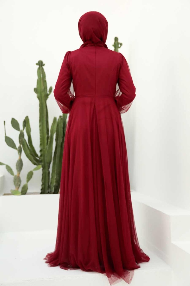 Tesettürlü Abiye Elbise - Robe de soirée Hijab rouge bordeaux 32370BR - 3
