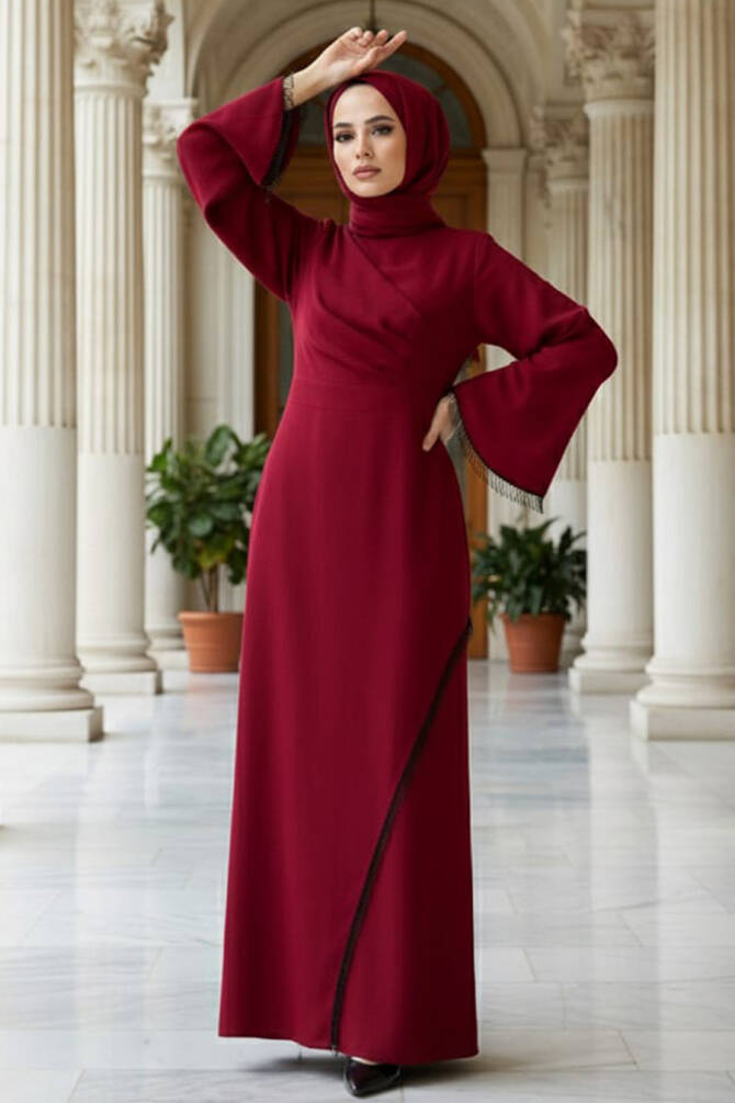 Tesettürlü Abiye Elbise -Robe de soirée Hijab rouge bordeaux 33150BR - 1
