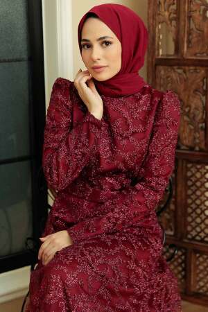 Tesettürlü Abiye Elbise - Robe de soirée Hijab rouge bordeaux 3330BR - 4