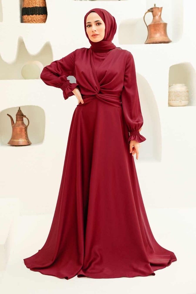 Tesettürlü Abiye Elbise - Robe de Soirée Hijab Rouge Bordeaux 3389BR - 2