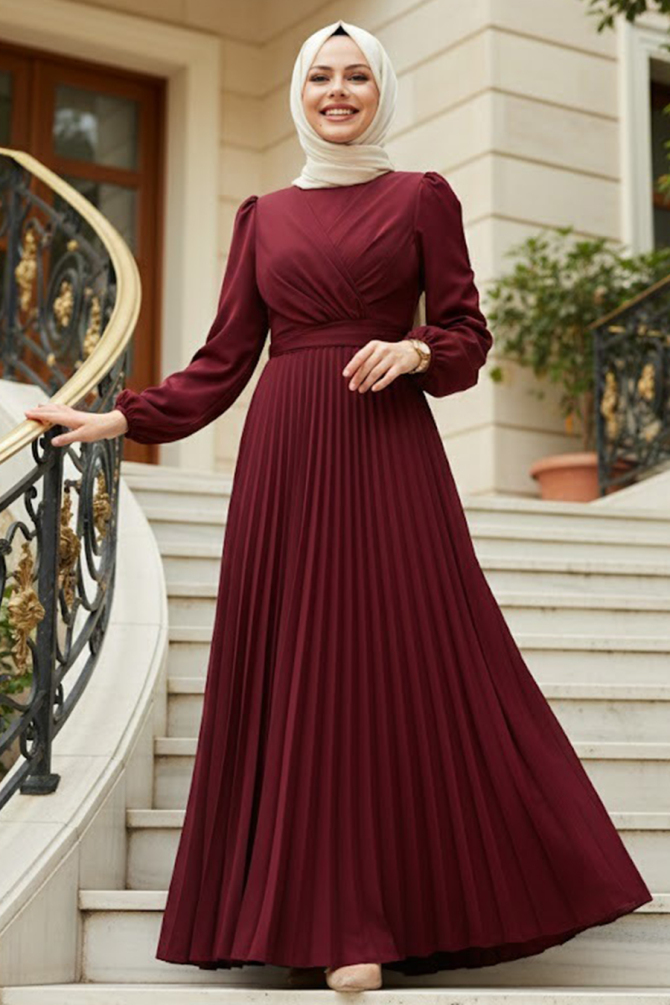 Tesettürlü Abiye Elbise - Robe de Soirée Hijab Rouge Bordeaux 3452BR - 1