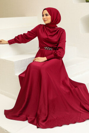 Tesettürlü Abiye Elbise - Robe de Soirée Hijab Rouge Bordeaux 3460BR - 2