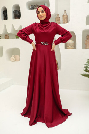 Tesettürlü Abiye Elbise - Robe de Soirée Hijab Rouge Bordeaux 3460BR - 1