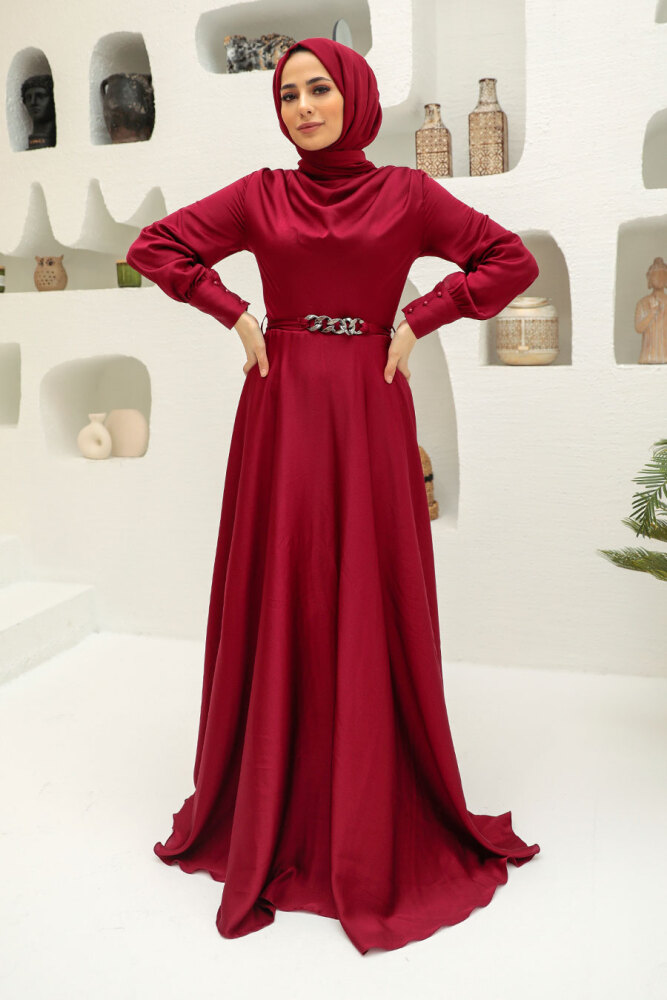 Tesettürlü Abiye Elbise - Robe de Soirée Hijab Rouge Bordeaux 3460BR - 1