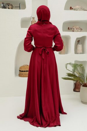 Tesettürlü Abiye Elbise - Robe de Soirée Hijab Rouge Bordeaux 3460BR - 4
