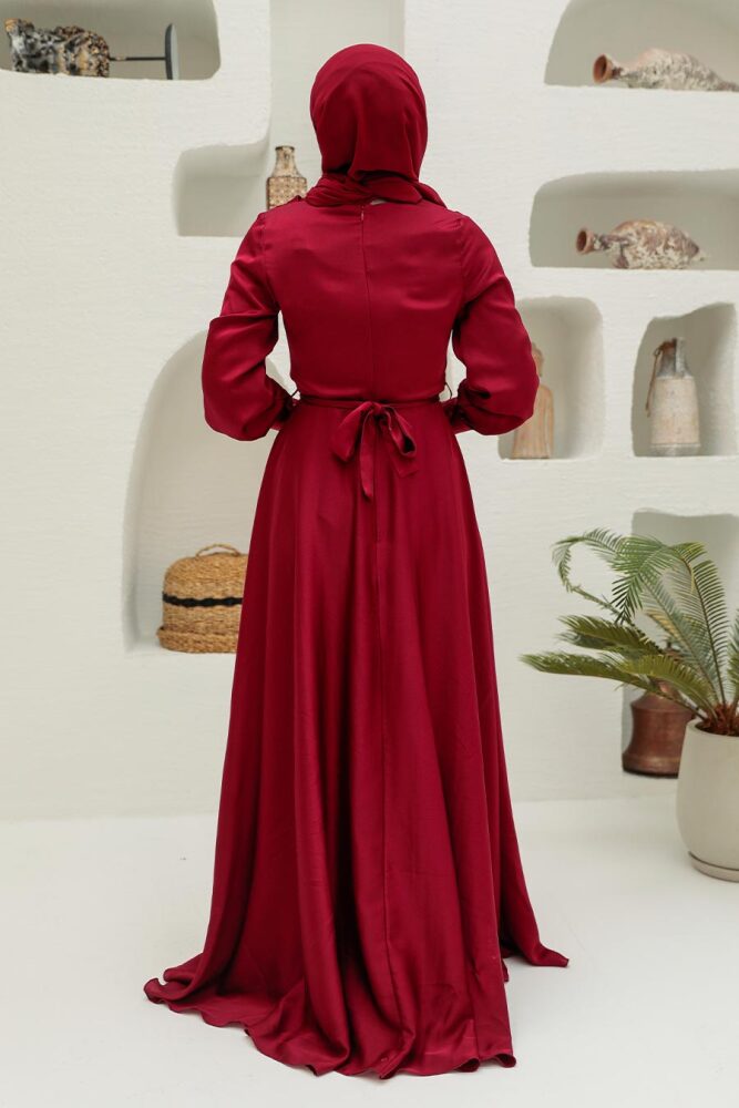 Tesettürlü Abiye Elbise - Robe de Soirée Hijab Rouge Bordeaux 3460BR - 4