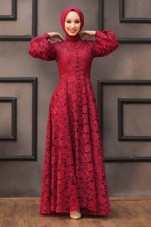 Tesettürlü Abiye Elbise - Robe de soirée Hijab Rouge Bordeaux 5477BR - 1