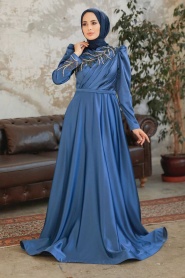 Tesettürlü Abiye Elbise - Robe de Soirée Hijab Satin Bleu Indigo 22401IM - Thumbnail