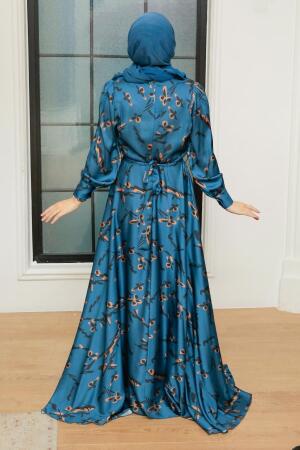 Tesettürlü Abiye Elbise - Robe de Soirée Hijab Satin Bleu Indigo 3438IM - 3