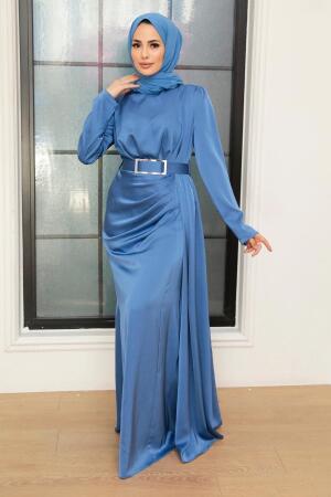 Tesettürlü Abiye Elbise - Robe de Soirée Hijab Satin Bleu Indigo 3606IM - 1