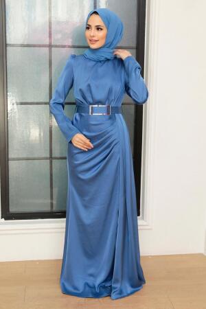 Tesettürlü Abiye Elbise - Robe de Soirée Hijab Satin Bleu Indigo 3606IM - 2
