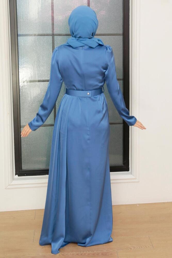 Tesettürlü Abiye Elbise - Robe de Soirée Hijab Satin Bleu Indigo 3606IM - 3