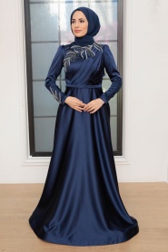 Tesettürlü Abiye Elbise - Robe de Soirée Hijab Satin Bleu Marine 22401L - Thumbnail
