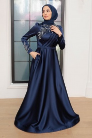Tesettürlü Abiye Elbise - Robe de Soirée Hijab Satin Bleu Marine 22401L - Thumbnail