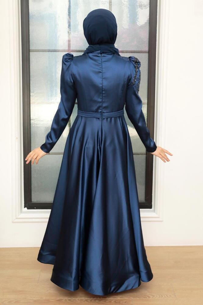 Tesettürlü Abiye Elbise -Robe de Soirée Hijab Satin Bleu Marine 22584L - 4