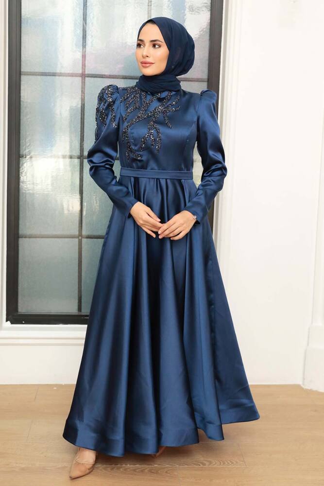 Tesettürlü Abiye Elbise -Robe de Soirée Hijab Satin Bleu Marine 22584L - 1
