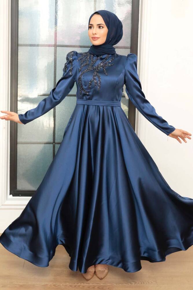 Tesettürlü Abiye Elbise -Robe de Soirée Hijab Satin Bleu Marine 22584L - 3