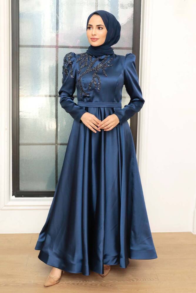 Tesettürlü Abiye Elbise -Robe de Soirée Hijab Satin Bleu Marine 22584L - 2
