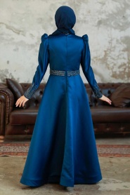 Tesettürlü Abiye Elbise - Robe de Soirée Hijab Satin Bleu Marine 22840L - Thumbnail