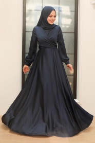 Tesettürlü Abiye Elbise - Robe de Soirée Hijab Satin Bleu Marine 33871L - Thumbnail