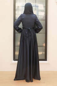 Tesettürlü Abiye Elbise - Robe de Soirée Hijab Satin Bleu Marine 33871L - Thumbnail