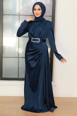 Tesettürlü Abiye Elbise - Robe de Soirée Hijab Satin Bleu Marine 3606L - 1