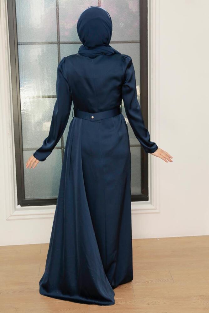 Tesettürlü Abiye Elbise - Robe de Soirée Hijab Satin Bleu Marine 3606L - 3