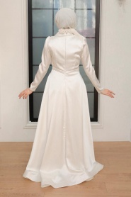 Tesettürlü Abiye Elbise - Robe de Soirée Hijab Satin Ecru 22401E - Thumbnail