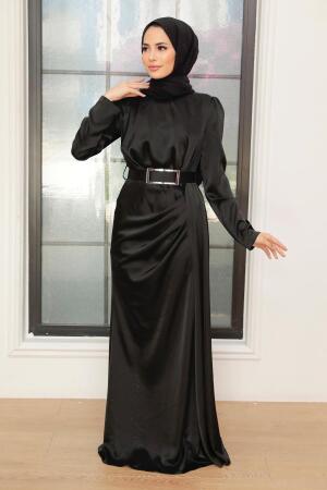 Tesettürlü Abiye Elbise - Robe de Soirée Hijab Satin Noir 3606S - 2