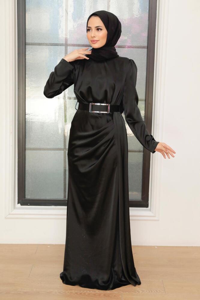 Tesettürlü Abiye Elbise - Robe de Soirée Hijab Satin Noir 3606S - 2