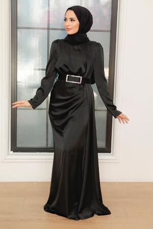 Tesettürlü Abiye Elbise - Robe de Soirée Hijab Satin Noir 3606S - 1