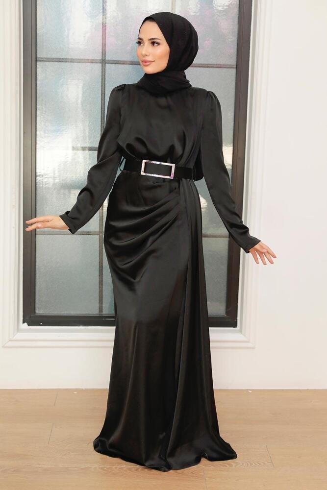 Tesettürlü Abiye Elbise - Robe de Soirée Hijab Satin Noir 3606S - 1