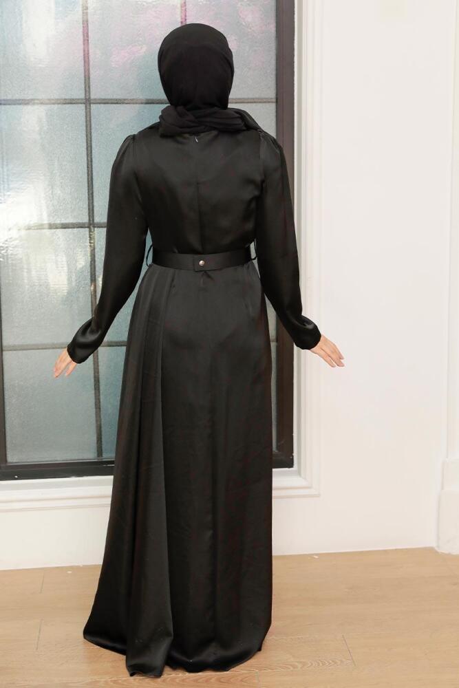 Tesettürlü Abiye Elbise - Robe de Soirée Hijab Satin Noir 3606S - 3