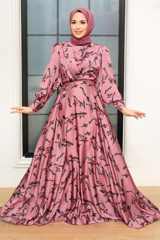 Tesettürlü Abiye Elbise - Robe de Soirée Hijab Satin Rose Séchée 3438GK - 1