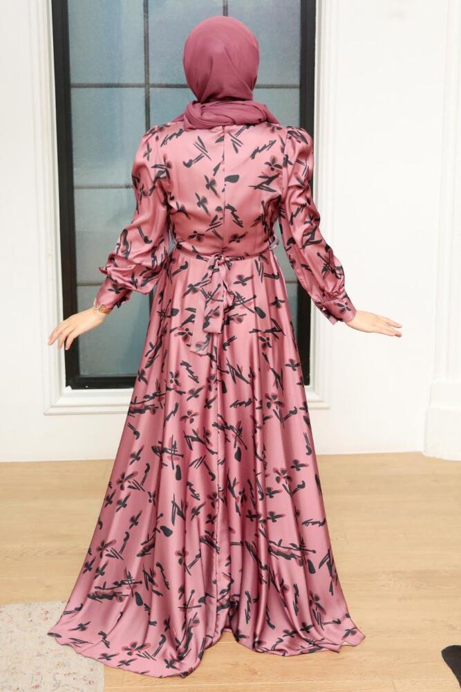 Tesettürlü Abiye Elbise - Robe de Soirée Hijab Satin Rose Séchée 3438GK - 2
